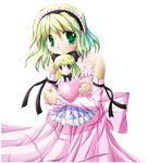  alice_margatroid blonde_hair blush doll doll_hug dress elbow_gloves gloves green_eyes heart highres hug shanghai_doll short_hair solo touhou 