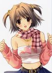  absurdres arm_warmers bare_shoulders belt blush breasts brown_hair cleavage copyright_request hair_ornament highres jewelry medium_breasts midriff navel necklace open_mouth orange_eyes plaid plaid_scarf scarf short_hair short_twintails solo strapless suzuhira_hiro tubetop twintails 