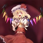  blonde_hair crazy_eyes fangs flandre_scarlet hat nagihito open_mouth red_eyes ribbon short_hair side_ponytail solo touhou wings 
