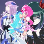  ^_^ black_choker blue_choker blue_eyes blue_hair blue_skirt boots bow choker closed_eyes cure_blossom cure_marine cure_moonlight dark_precure green_hair hair_ornament hanasaki_tsubomi heartcatch_precure! knee_boots kurumi_erika long_hair magical_girl multiple_girls one_eye_closed pink_bow pink_choker pink_eyes pink_hair precure purple_background purple_hair skirt smile thighhighs tsukikage_yuri very_long_hair yuto_(dialique) 