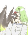  couple hat hug kamejiro_(sasakame) kochiya_sanae multiple_girls red_eyes shameimaru_aya tokin_hat touhou yuri 