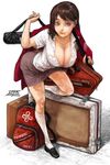  arched_back breasts brown_eyes brown_hair cleavage highres jewelry kneehighs large_breasts luggage necklace original socks solo yamyanm.k 