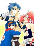  2boys blue_hair blush happy hug kamina multiple_boys red_eyes red_hair ru&amp;pauda_(artist) shirtless simon smile tattoo tegaki tengen_toppa_gurren_lagann yoko_littner 