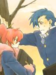  1girl arm_support blue_hair blush cold couple eye_contact hetero kamina looking_at_another red_eyes red_hair ru&amp;pauda_(artist) scarf school_uniform tegaki tengen_toppa_gurren_lagann yellow_eyes yoko_littner 