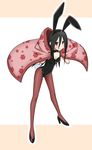  animal_ears black_hair blanket brown_eyes bunny_ears bunnysuit goriate komori_kiri long_hair pantyhose sayonara_zetsubou_sensei solo 