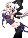  armpits arms_behind_head arms_up breasts detached_sleeves face headphones headset jin_(mugenjin) large_breasts long_hair midriff navel necktie ponytail red_eyes sideboob silver_hair simple_background solo vocaloid voyakiloid yowane_haku 