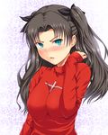  alternate_breast_size bad_id bad_pixiv_id black_hair blue_eyes blush breasts cross fate/stay_night fate_(series) hair_ribbon highres impossible_clothes large_breasts long_hair long_sleeves ribbon solo sweater tachibana_omina toosaka_rin turtleneck two_side_up 