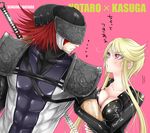  1girl artist_request blonde_hair breasts couple fuuma_kotarou_(sengoku_basara) hetero kasuga_(sengoku_basara) katana large_breasts muscle ninja pink_eyes red_hair sengoku_basara sword weapon 