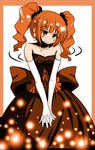  bad_id bad_pixiv_id blush bow dress earrings elbow_gloves fidgeting gloves highres idolmaster idolmaster_(classic) jewelry natsu_(anta_tte_hitoha) necklace orange_eyes orange_hair solo takatsuki_yayoi twintails 