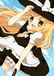  bad_id bad_pixiv_id blonde_hair braid broom broom_riding flying hat highres kirisame_marisa long_hair purin_jiisan ribbon smile solo touhou witch_hat yellow_eyes 