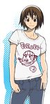  :3 ayase_fuuka brown_eyes brown_hair casual clothes_writing denim eyebrows jeans pants shirt short_hair smile solo t-shirt thick_eyebrows usuiken yotsubato! 