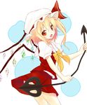  bad_id bad_pixiv_id blonde_hair fang flandre_scarlet hat laevatein light_smile looking_at_viewer open_mouth red_eyes ribbon short_hair side_ponytail simple_background solo tachi_(piy0) touhou wings 