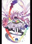  amano_miyabi book colorful floating floating_hair floating_object flying_paper hat highres long_hair magic outstretched_arms paper patchouli_knowledge pillarboxed planet purple_eyes purple_hair rainbow_order solar_system solo spread_arms touhou traditional_media very_long_hair watercolor_(medium) 
