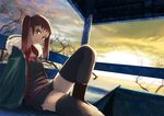  brown_eyes brown_hair coat legs lips original pepe_(pepe's_hp) sitting solo sunset thighhighs twintails 