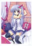  absurdres armpits bare_shoulders blue_hair bow choker copyright_request dress frills hair_bow highres mitha purple_eyes sitting solo thighhighs undressing zettai_ryouiki 