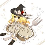  alternate_costume bad_id bad_pixiv_id blonde_hair bow brown_eyes dress flying food fork frills fruit hair_bow hat heart kirisame_marisa kneehighs licking_lips minigirl ribbon smile socks solo strawberry striped striped_legwear sumisaki_yuzuna tongue tongue_out touhou witch_hat 