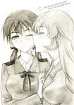  2girls blush charlotte_e_yeager eyes_closed gertrud_barkhorn hair_ribbon hard_translated highres kisetsu kiss monochrome multiple_girls ribbon sketch strike_witches traditional_media translated twintails uniform wink 