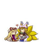  animal_ears blonde_hair brown_hair bunbunmaru cat_ears cat_tail chen chibi closed_eyes earrings fox_tail heart jewelry kochiya_sanae long_hair multiple_girls multiple_tails newspaper open_mouth short_hair simple_background smile socha tail touhou yakumo_ran yakumo_yukari |_| 