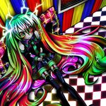  abstract bad_id bad_pixiv_id checkered colorful detached_sleeves hatsune_miku highres long_hair ninomae solo thighhighs twintails very_long_hair vocaloid 