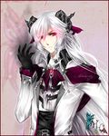 albino black_gloves bow copyright_request gloves horns long_hair male_focus neodeadlyraver pink_background red_eyes ribbon solo white_hair 