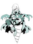  angry animal aqua bandages boots crossed_arms drill full_body hair_over_one_eye long_hair male_focus matsukaze_yukiji monochrome oversized_limbs scarf scowl shark sharp_teeth simple_background sitting solo teeth tengen_toppa_gurren_lagann time_paradox viral white_background 