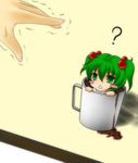  bad_id bad_pixiv_id blush_stickers cup green_eyes green_hair hair_bobbles hair_ornament in_container in_cup kisume minigirl short_hair so_moe_i'm_gonna_die! solo sweatdrop tora_tsugumi_(nue1114) touhou trembling twintails 