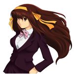  alternate_costume alternate_hairstyle brown_eyes brown_hair hair_ribbon hairband kouyouen_academy_uniform long_hair ribbon school_uniform shu-z solo suzumiya_haruhi suzumiya_haruhi_no_shoushitsu suzumiya_haruhi_no_yuuutsu 