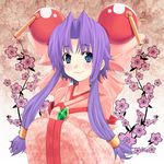 bad_id bad_pixiv_id blue_eyes bow cherry_(saber_j) cherry_blossoms floral_background hair_bobbles hair_bow hair_ornament japanese_clothes kimono long_hair low-tied_long_hair mitsunari pink_bow purple_hair saber_marionette_j solo 
