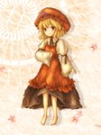  aki_minoriko amanojaku bad_feet bad_id bad_pixiv_id blonde_hair food fruit grapes hat highres leaf orange_eyes short_hair sleeves_past_wrists smile solo touhou 