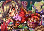  ashley_(warioware) bat brown_hair cake candle christmas christmas_tree flower food fruit gift icing macaron pastry red_(warioware) rose socks strawberry stuffed_animal stuffed_toy tatsunokosso thighhighs twintails warioware zettai_ryouiki 