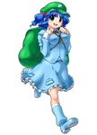  backpack bag blue_eyes blue_hair boots full_body hair_bobbles hair_ornament hat highres kawashiro_nitori manji_taba short_hair solo touhou transparent_background twintails two_side_up 