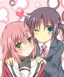  bad_id bad_pixiv_id blue_hair green_eyes hands_on_shoulders hayate_no_gotoku! heart katsura_hinagiku long_hair mitsu_yomogi multiple_girls nishizawa_ayumu one_eye_closed pink_hair school_uniform serafuku short_hair short_twintails smile twintails yellow_eyes 