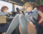  ai_arctic_warfare bandages battle blonde_girl_(itou) blonde_hair blood blue_eyes bolt_action bra breasts casing_ejection cleavage clenched_teeth gun hair_ribbon handgun highres itou_(onsoku_tassha) large_breasts legs lingerie locked_slide magazine_(weapon) magazine_ejection multiple_girls original panties pantyshot pantyshot_(sitting) pistol ponytail reloading ribbon rifle school_uniform scope shell_casing sig_sauer sig_sauer_p226 sitting sniper_rifle sweat sweater_vest teeth thighhighs torn_clothes trigger_discipline unbuttoned underwear weapon wince 