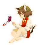  animal_ears barefoot brown_hair bug butterfly cat_ears cat_tail chen earrings feet hat highres hikarinoko insect jewelry multiple_tails red_eyes short_hair solo tail touhou 