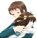  1girl brown_eyes brown_hair closed_eyes hair_ribbon hug kita_high_school_uniform kyon one_eye_closed ribbon school_uniform serafuku short_hair suzuka_(rose_coffee) suzumiya_haruhi suzumiya_haruhi_no_yuuutsu 