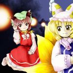  animal_ears bad_id bad_pixiv_id blonde_hair brown_eyes brown_hair chen danmaku light_particles lowres multiple_girls official_style oota_jun'ya_(style) parody style_parody tntn touhou yakumo_ran 