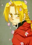  blonde_hair braid cape edward_elric flower flower_in_mouth frown fullmetal_alchemist hoshino_hitsuki male_focus single_braid solo yellow_eyes 