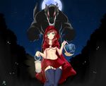  big_bad_wolf_(grimm) blue_eyes breasts brown_hair canine cleavage clothed clothing fangs female full_moon green_eyes hair human imminent_rape little_red_riding_hood male mammal moon night red_eyes red_hair skimpy teeth underboob white-stripes wolf 