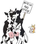  2011 bovine canine catsketch cattle chick-fil-a corgi dog english_text eyes_closed eyewear female glasses hooves kissing lesbian mammal mascots plain_background seaweedprincess teats text udders white_background 