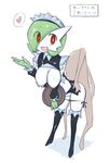  black_legwear black_panties breasts clothed_pokemon cosplay cum cum_on_body cum_on_lower_body cum_on_upper_body detached_sleeves facial gardevoir gen_3_pokemon green_hair hair_over_one_eye heart highres ikanomaru large_breasts maid_headdress nipples open_mouth panties panty_pull personification pokemon red_eyes sex side-tie_panties solo_focus spoken_heart thighhighs translation_request tray underwear waitress 