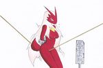  arms_behind_back bdsm blaziken bondage bound breasts digidredg female japanese looking_at_viewer nintendo nipples pok&#233;mon pokemon pussy_floss rope standing translation_request video_games 