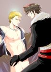  2boys belt black_jacket black_pants blonde_hair blue_eyes brown_hair final_fantasy final_fantasy_viii fur_collar fur_trim gloves green_eyes highres jacket male male_focus multiple_boys nipples nude pants scar seifer_almasy squall_leonhart undressing yaoi 