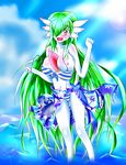  1girl bad_anatomy blush breasts fang gardevoir green_hair long_hair nipples pokemon solo water yurikuro 