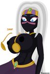  blue_eyes breasts duck_dodgers english_text female headdress makeup necklace nipples plain_background queen_tyr&#039;ahnee queen_tyr'ahnee text tumiohax wardrobe_malfunction white_background 