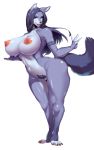  2018 5_fingers absurd_res anthro areola beauty_mark big_breasts black_nose blue_fur blue_hair blush breasts canine cervina7_(artist) female fur hair half-closed_eyes hi_res huge_breasts long_hair looking_at_viewer mammal multicolored_fur navel nipples nude open_mouth open_smile pubes pussy simple_background smile solo standing teeth tongue two_tone_fur white_background white_fur wolf 
