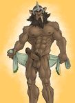  abs ariesgr balls beard biceps brown_eyes brown_fur brown_nipples brown_penis erection facial_hair fur grune grune_the_destroyer helmet humanoid_penis long_penis looking_at_viewer male muscles nipples pecs penis presenting pubes thundercats thundercats_2011 towel 