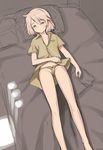  ass_visible_through_thighs bed blonde_hair blue_eyes blush book collarbone kuuro_kuro long_legs lying on_back open_clothes open_shirt panties parted_lips pillow raisa_pottgen shirt short_hair solo strike_witches underwear world_witches_series 