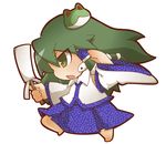  chibi detached_sleeves frog_hair_ornament green_eyes green_hair gurageida hair_ornament highres kochiya_sanae open_mouth simple_background snake_hair_ornament solo touhou white_background 