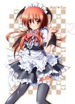  alternate_costume bat_wings bow bowtie enmaided head_wings heart highres koakuma long_hair looking_at_viewer maid maid_headdress midoriiro_no_shinzou red_eyes red_hair smile solo thighhighs touhou wings 