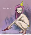  2011 blood blue_eyes breasts crouching cutie_mark english_text female friendship_is_magic hair human humanized john_joseco knife looking_back mammal my_little_pony nipples not_furry nude open_mouth party_hat pink_hair pinkamena_(mlp) pinkie_pie pinkie_pie_(mlp) text tongue 